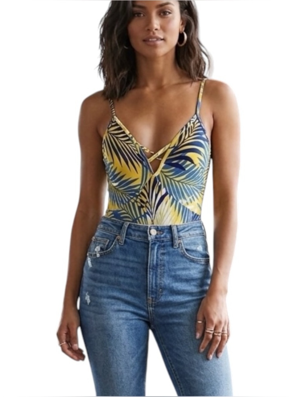 Vivace Boutique Yellow/Blue Palm Leaf Print Tank Top Bodysuit Women’s S (2/4)